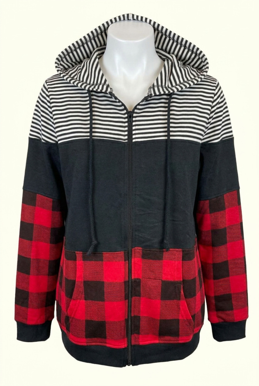 NEW MICHELLE MAE buffalo plaid full zip hoodie in red plaid